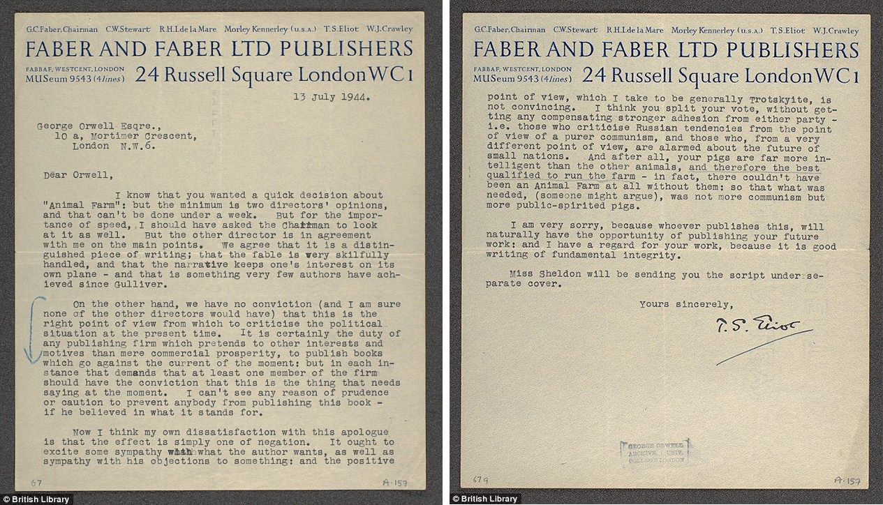 Zvanično pismo sa zaglavljem Faber&Faber-a koje je T.S. Eliot poslao Džordžu Orvelu odbijajući rukopis "Životinjske farme"